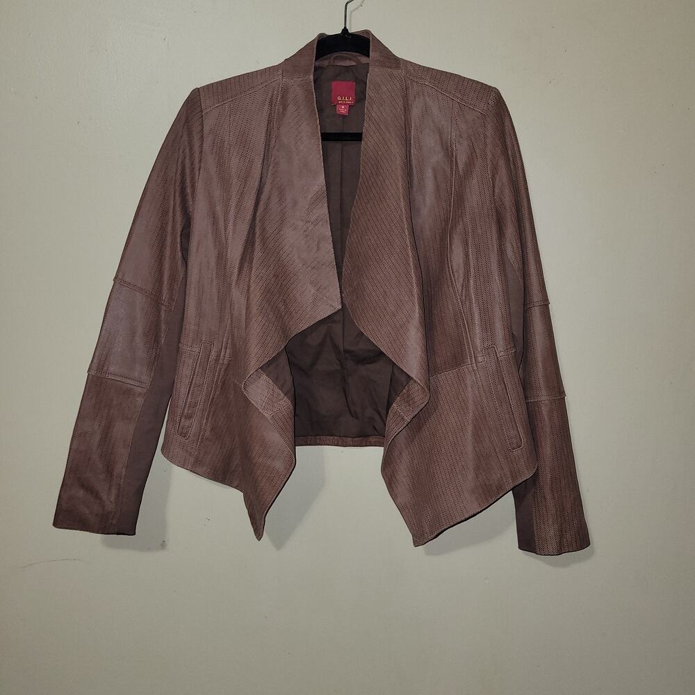 GILI Draped Open Front Dark Brown Leather Jacket Womens Sz 6 Rock Grunge‎